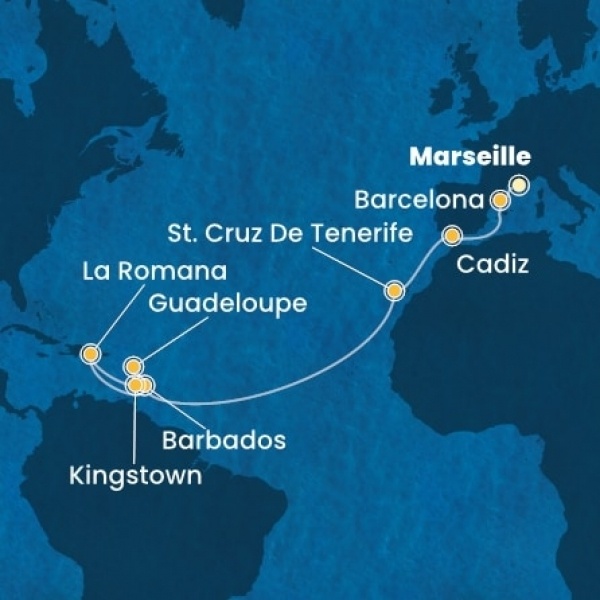 Costa Pacifica - Franciaország, Spanyolország, Kanári-szigetek, Holland Antillák (ABC-szigetek), Dominikai Köztársaság