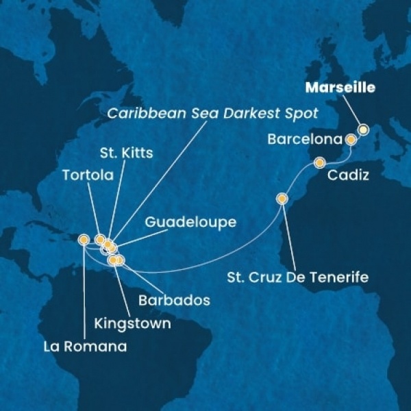 Costa Pacifica - Franciaország, Spanyolország, Kanári-szigetek, Holland Antillák (ABC-szigetek), Dominikai Köztársaság, Virgin szigetek