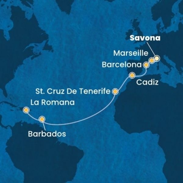 Costa Pacifica - Olaszország, Franciaország, Spanyolország, Kanári-szigetek, Holland Antillák (ABC-szigetek), Dominikai Köztársaság