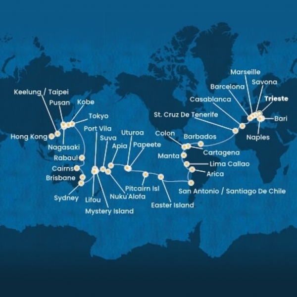 Costa Deliziosa - Olaszország, Franciaország, Spanyolország, Marokkó, Kanári-szigetek, Holland Antillák (ABC-szigetek), Kolumbia, Costa Rica, Panama, Chile, Francia Polinézia, Tonga, Fiji, Ausztrália, Japán