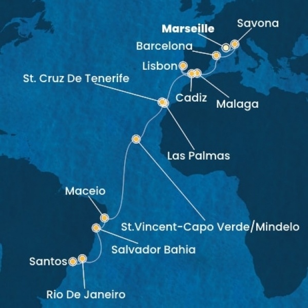 Costa Diadema - Franciaország, Olaszország, Spanyolország, Portugália, Kanári-szigetek, Zöld-Foki Köztársaság, Brazília
