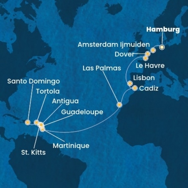 Costa Favolosa - Németország, Nagy-Britannia, Franciaország, Portugália, Spanyolország, Kanári-szigetek, Holland Antillák (ABC-szigetek), Virgin szigetek