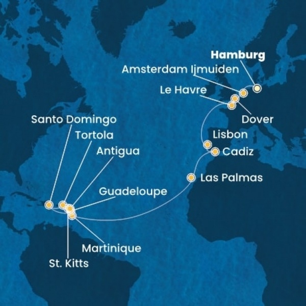 Costa Favolosa - Németország, Nagy-Britannia, Franciaország, Portugália, Spanyolország, Kanári-szigetek, Holland Antillák (ABC-szigetek), Virgin szigetek