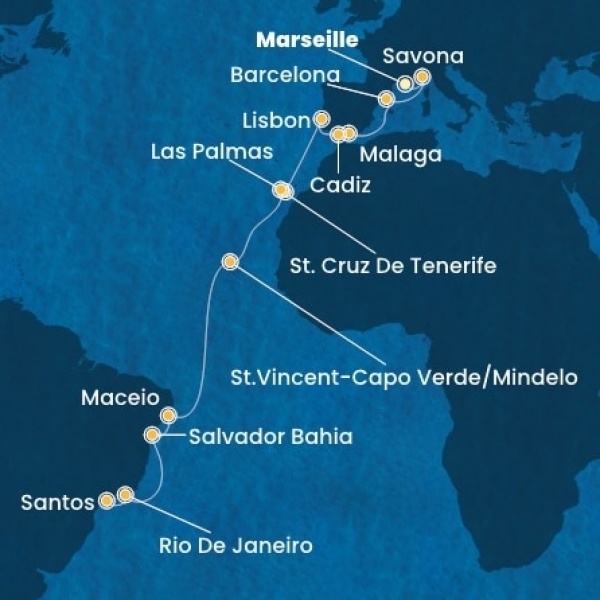 Costa Diadema - Franciaország, Olaszország, Spanyolország, Portugália, Kanári-szigetek, Zöld-Foki Köztársaság, Brazília