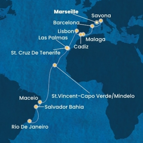 Costa Diadema - Franciaország, Olaszország, Spanyolország, Portugália, Kanári-szigetek, Zöld-Foki Köztársaság, Brazília