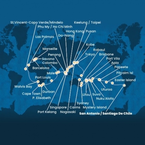 Costa Deliziosa - Chile, Francia Polinézia, Tonga, Fiji, Ausztrália, Japán, South Korea, Taiwan, Kína, Vietnám, Szingapúr, Malajzia, Sri Lanka, Maldív-szigetek, South Africa