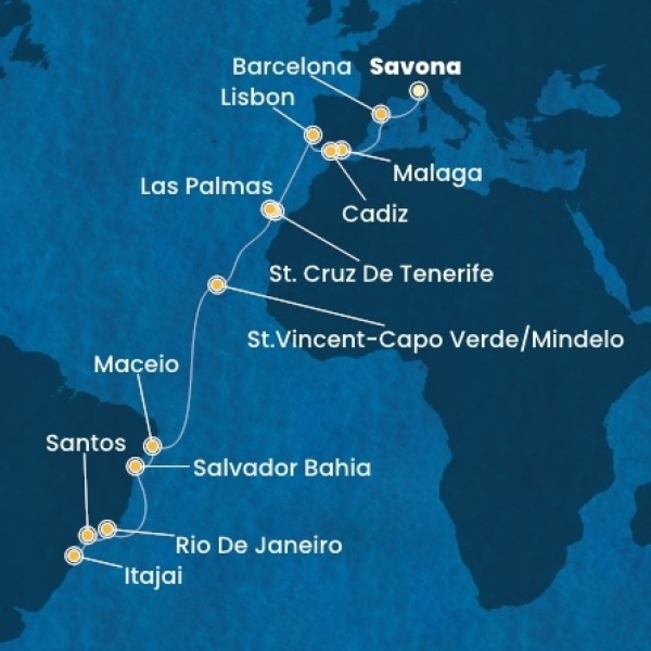 Costa Diadema - Olaszország, Spanyolország, Portugália, Kanári-szigetek, Zöld-Foki Köztársaság, Brazília