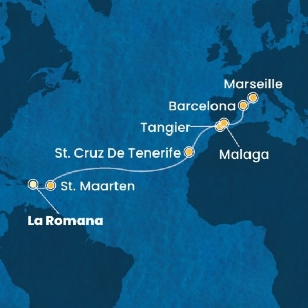 Costa Pacifica - Dominikai Köztársaság, Holland Antillák (ABC-szigetek), Kanári-szigetek, Spanyolország, Franciaország, Olaszország