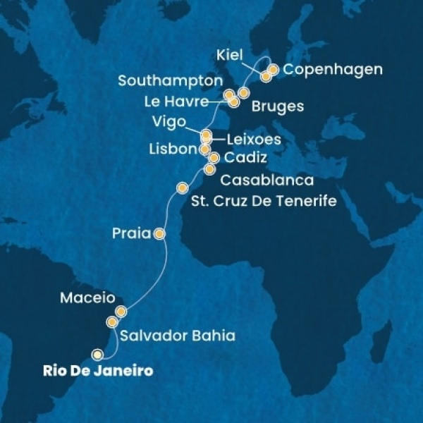 Costa Diadema - Brazília, Kanári-szigetek, Marokkó, Spanyolország, Portugália, Franciaország, Nagy-Britannia, Belgium, Németország, Dánia