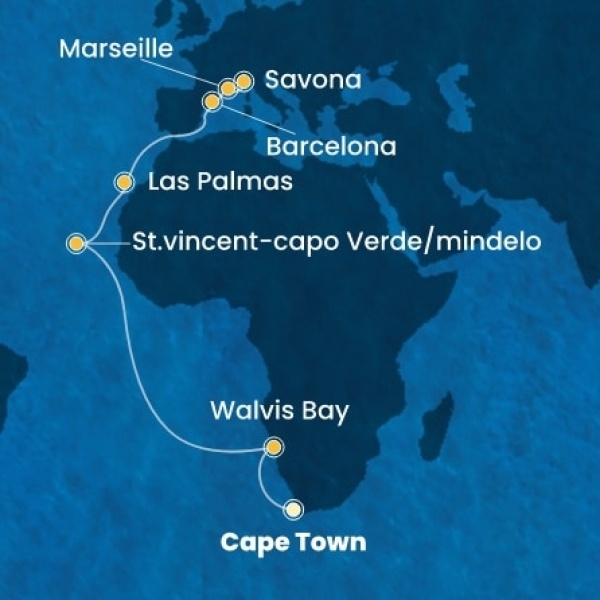 Costa Deliziosa - South Africa, Namibia, Zöld-Foki Köztársaság, Kanári-szigetek, Spanyolország, Franciaország, Olaszország
