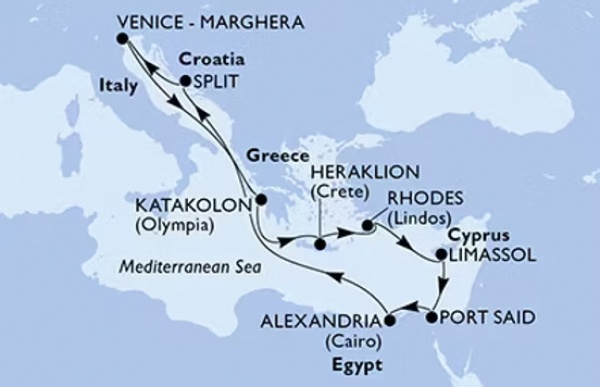 MEDITERRÁN KINCSEK ÉS EGYIPTOM TITKAI - Földközi-tengeri felfedezések az MSC Liricával | MSC Lirica csoportos hajóút magyar idegenvezetővel